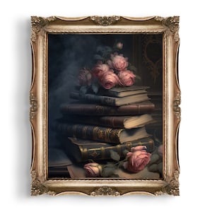 May include: A framed painting of a still life featuring a stack of antique books with a bouquet of pink roses on top. The books are bound in leather and have gold lettering on the spines. The roses are arranged in a cluster and have a soft, romantic feel.