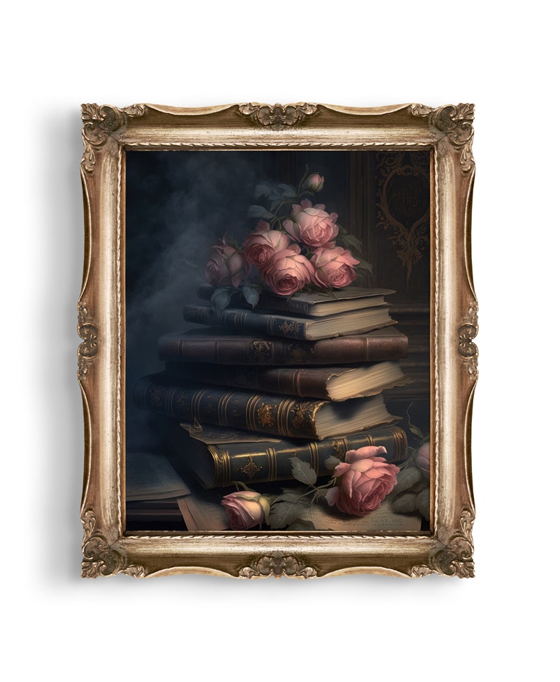 May include: A framed painting of a still life featuring a stack of antique books with a bouquet of pink roses on top. The books are bound in leather and have gold lettering on the spines. The roses are arranged in a cluster and have a soft, romantic feel.