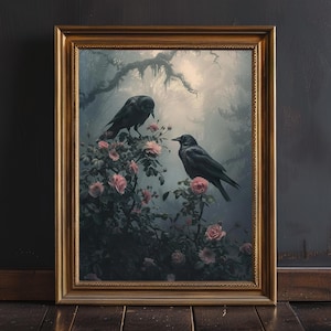 Dark Academia Moody Crow Art Print, Gothic Raven Wall Art, Whimsigoth Room Decor, Goth Gift Home Decor, Vintage Dark Cottagecore Painting