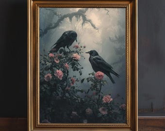 Lámina artística Dark Academia Moody Crow, arte mural gótico de cuervo, decoración de habitación Whimsigoth, regalo gótico para el hogar, pintura vintage oscura estilo cottagecore.
