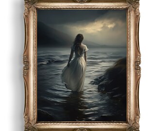 Woman Walking into the Lake | Dark Academia Print | Moody Victorian Wall Art | Dark Cottagecore | Dark Decor | Gothic Prints