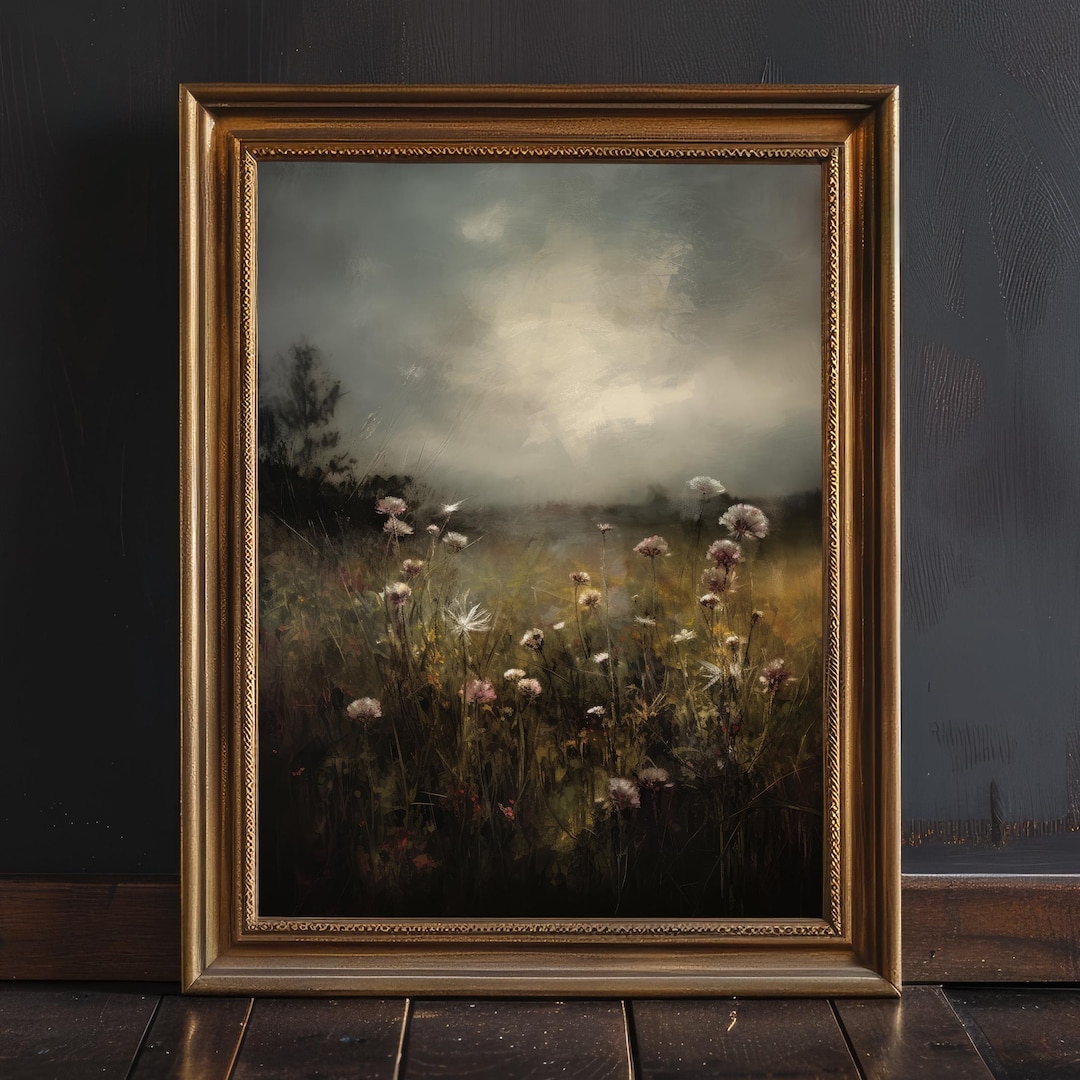 Dark Moody Floral Field Print, Vintage Oil Painting Wall Art, Dark ...