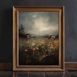 Impressão de campo de flores escuras e sombrias | Decoração rústica cottagecore | Pintura a óleo vintage | Arte de parede | Decoração dark academia | Decoração rústica para casa
