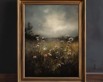 Dark Moody Flower Field Print | Rustic Cottagecore Decor | Vintage Oil Painting | Wall Art | Dark Academia Decor | Rustic Home Decor