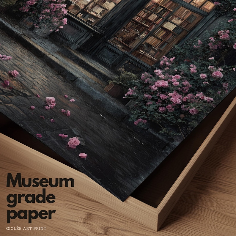 May include: A framed gicl&eacute;e art print featuring a romantic scene of a building facade with a window filled with books and pink roses. The print is labeled "Museum grade paper". The artwork is displayed in a wooden frame.