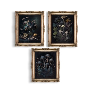 Set of 3 Dark Botanical Art Prints | Dark Cottagecore Decor | Goth Gift | Wall Art | Gallery Wall Art | Dark Moody Art