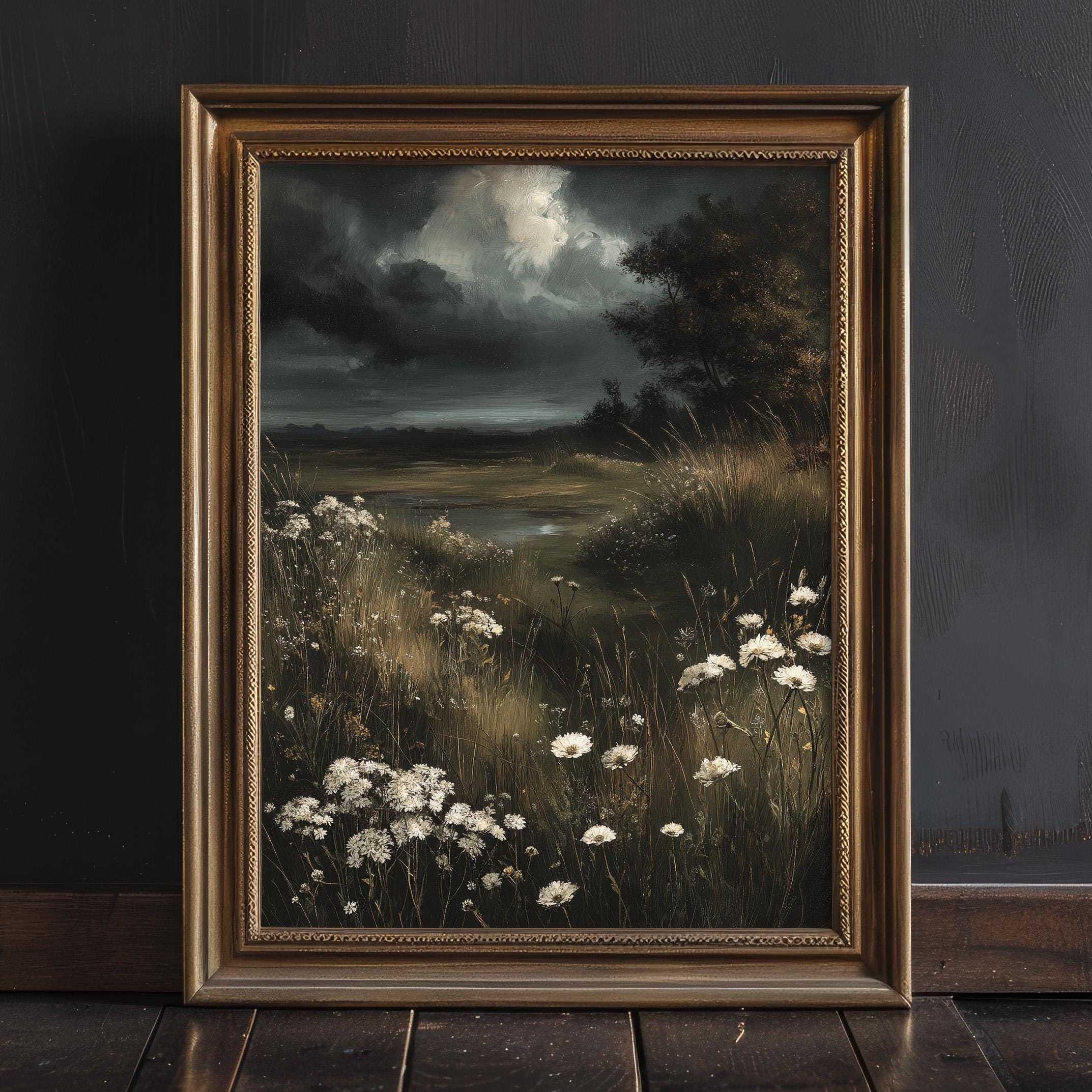 Dark Moody Flower Field Wall Art Print, Dark Academia Decor, Vintage ...