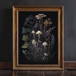 Dark Botanical Mushrooms Wall Art Print, Dark Cottagecore Print, Gothic Home Decor, Dark Academia Art, Dark Moody Wall Art, Mushroom Print