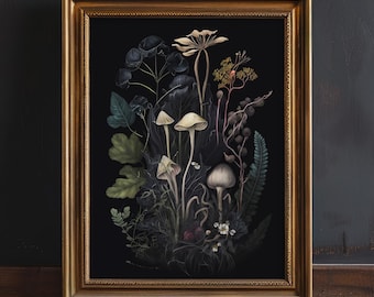 Dark Botanical Mushrooms Wall Art Print, Dark Cottagecore Print, Gothic Home Decor, Dark Academia Art, Dark Moody Wall Art, Mushroom Print