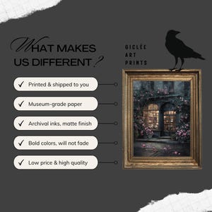 May include: A framed gicl&eacute;e art print featuring a detailed painting of a building with a floral facade. The frame is gold-toned. Text on the left reads "WHAT MAKES US DIFFERENT?" with bullet points about the print quality. A black crow silhouette is on the right.