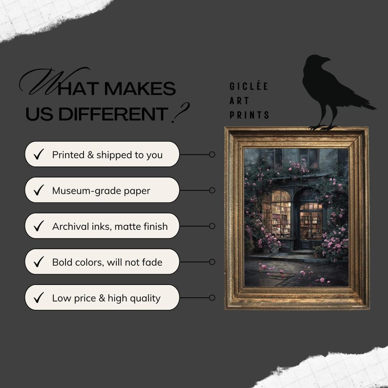May include: A framed gicl&eacute;e art print featuring a detailed painting of a building with a floral facade. The frame is gold-toned. Text on the left reads "WHAT MAKES US DIFFERENT?" with bullet points about the print quality. A black crow silhouette is on the right.