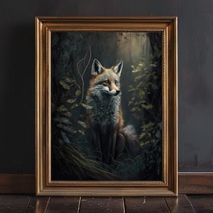 Dark Moody natuur muurkunst, Forest Fox Art Print, Dark Academia decor, humeurige natuur kunst aan de muur, Cottagecore Art Print