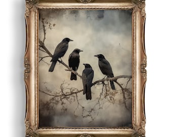 Kråkmålning | Viktoriansk vintagekonsttryck | Gotisk dekor | Väggkonst | Cottagecore-dekor | Dark Academia | Whimsigoth | Dark Cottagecore