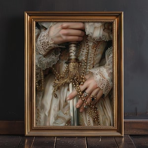 Victorian Woman Sword Print, Moody Victorian Wall Art Decor, Woman with Sword Art Print, Dark Moody Antique Art, Lace Jewelry Sword Print