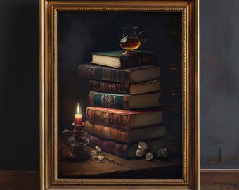 May include: A framed painting of a still life with a stack of antique books, a lit candle, a glass of amber liquid, and white flowers on a dark background.