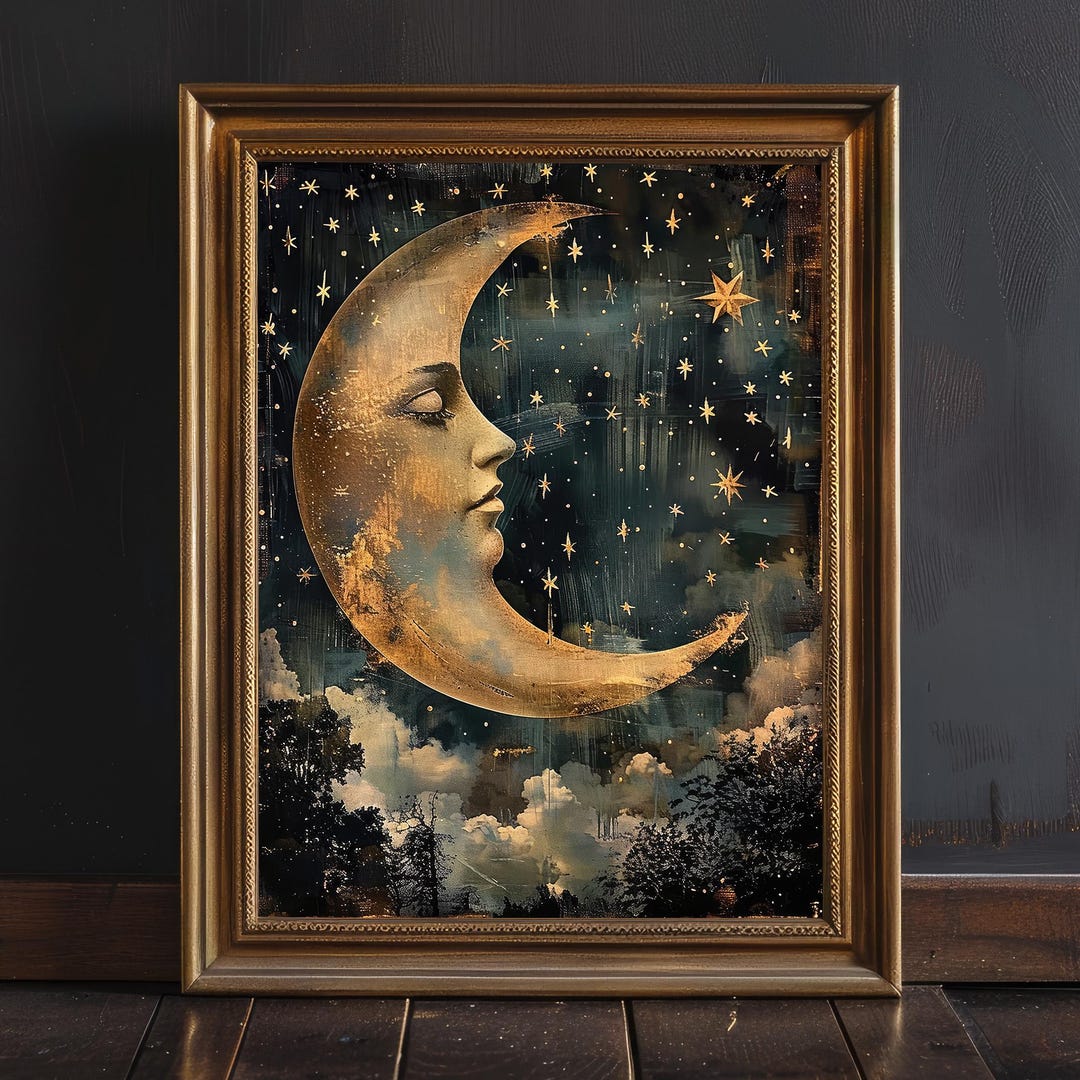 Moody Moon & Stars Print, Witchy Celestial Wall Art, Dark Moody Moon & Stars Print, Witchy Celestial Wall Art, Dark