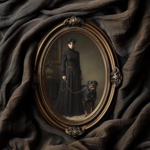May include: An oval, antique-style framed portrait. The portrait depicts a woman in a long black dress holding a leash attached to a Rottweiler dog. The frame is gold-colored with ornate detailing. The background is a dark, draped fabric.