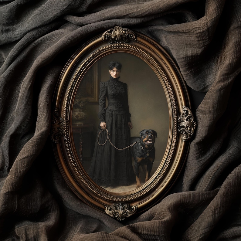 May include: An oval, antique-style framed portrait. The portrait depicts a woman in a long black dress holding a leash attached to a Rottweiler dog. The frame is gold-colored with ornate detailing. The background is a dark, draped fabric.