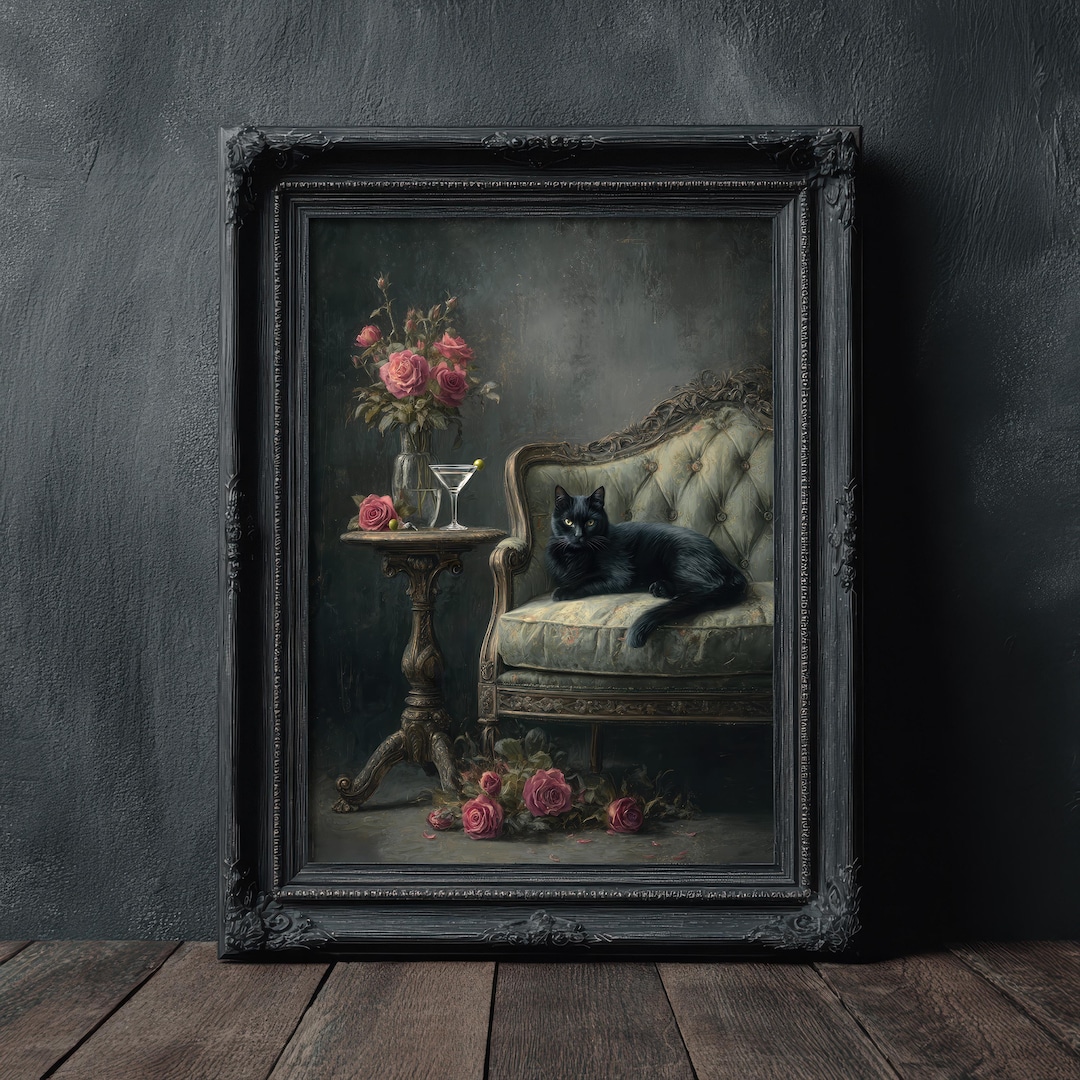 Moody Black Cat Wall Art Print, Feminine Dark Academia Decor, Still ...