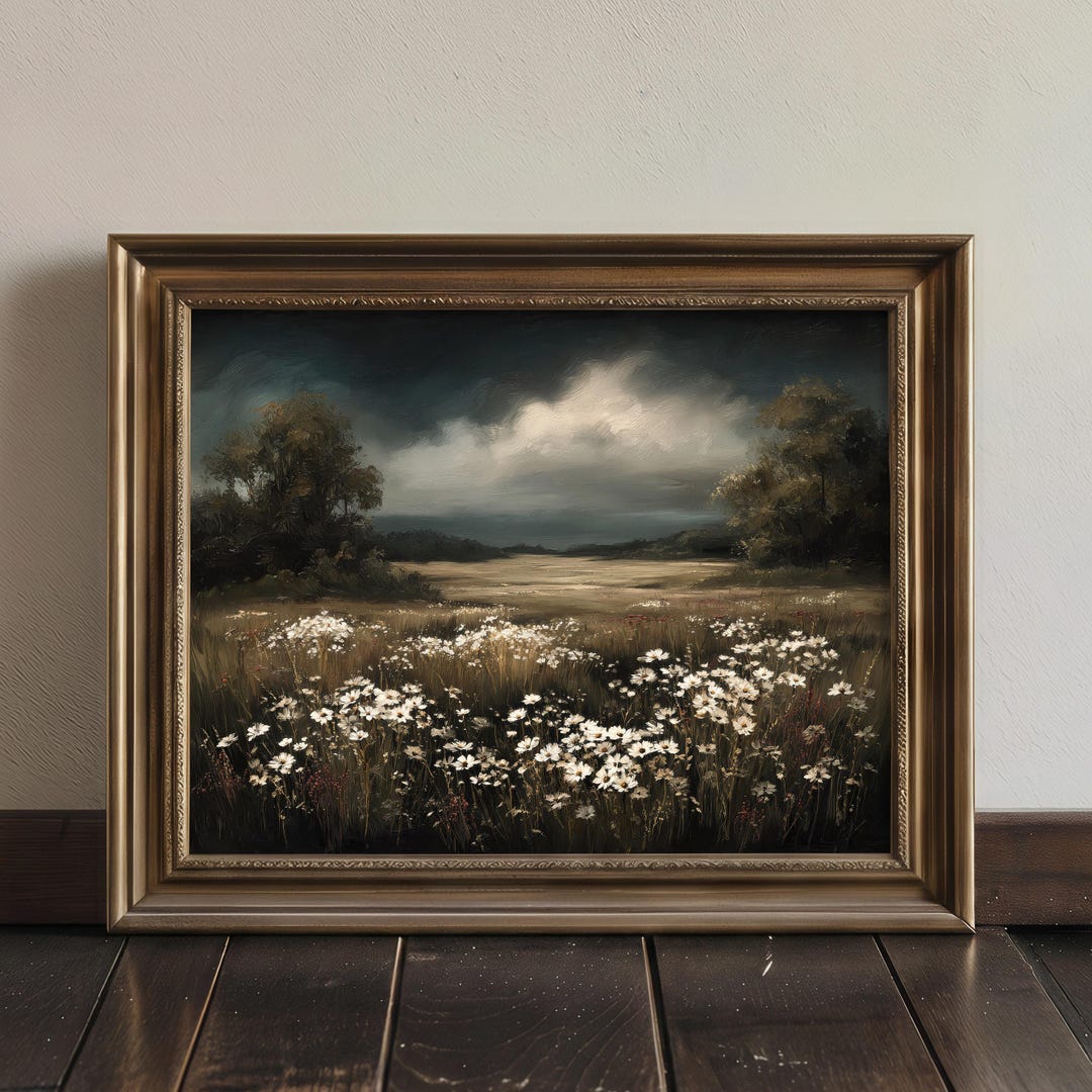 Moody Flower Field Oil Painting Print, Vintage Dark Academia Wall Art ...