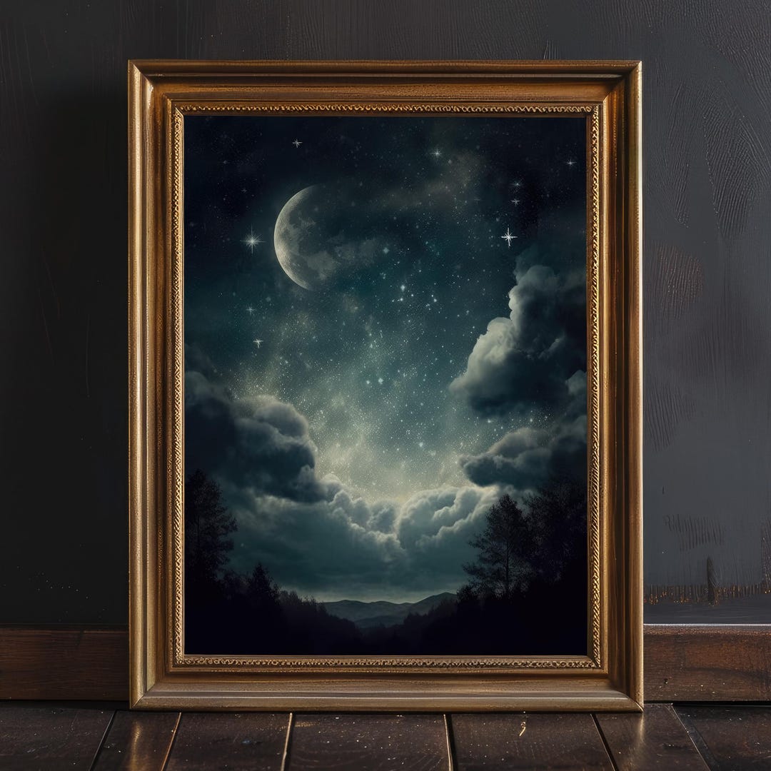 Moody Night Sky Print, Dark Academia Decor, Celestial Moon & Stars ...
