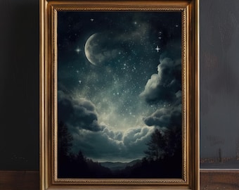 Stampa di cielo notturno malinconico, decorazione dark academia, stampa di luna e stelle celestiali, quadro con nuvole blu scuro, stampa celeste, arte murale malinconica