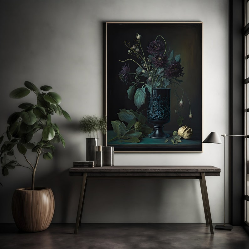 May include: A dark green vase with a floral design holds a bouquet of dark purple flowers against a black background. The vase is on a teal surface with a yellow fruit and green leaves.