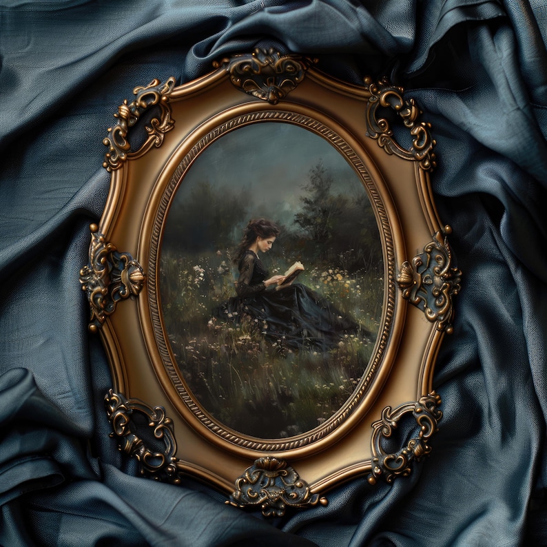 May include: A woman in a black dress sits in a forest clearing, reading a book. The scene is depicted in a painting framed in a gold oval frame.