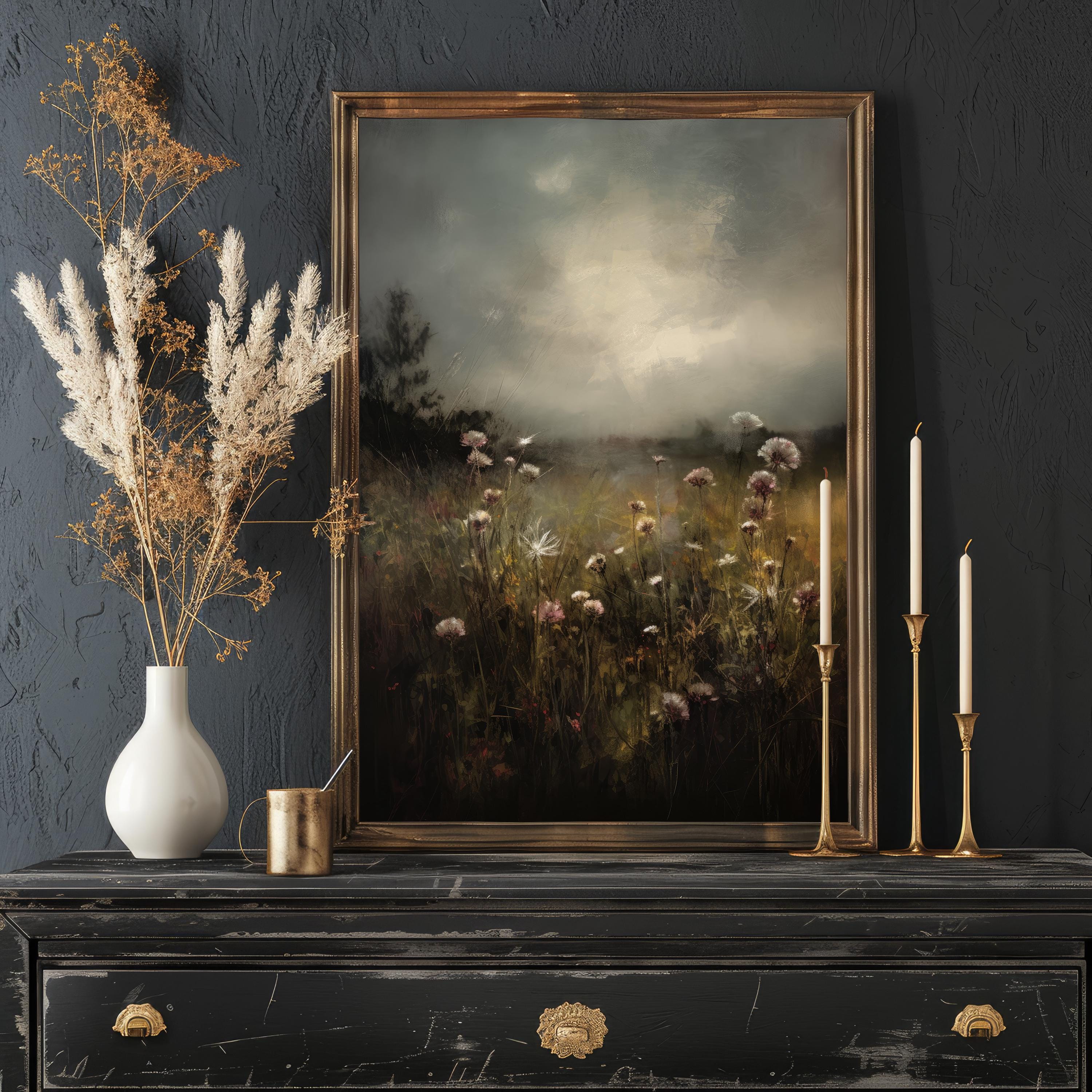 Dark Moody Floral Field Print, Vintage Oil Painting Wall Art, Dark ...