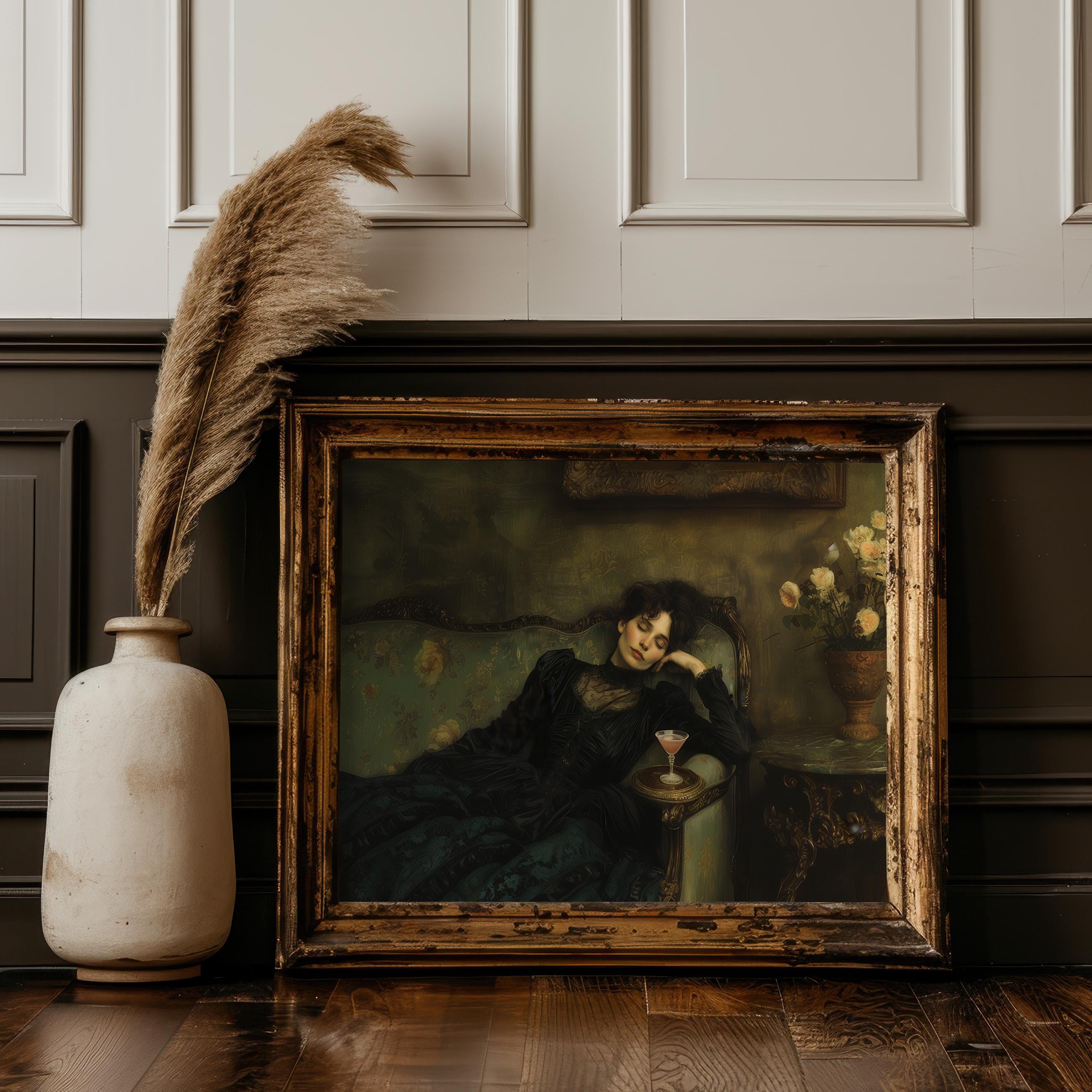 Victorian Woman Martini Oil Painting Print, Dark Academia Decor, Vintage Gothic Wall Art, Cocktail Bar Cart Art, Baroque Portrait Print