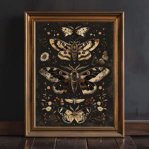 Moody Motte Motte Wand Kunst Druck, Dark Academia Dekor, Rustikaler brauner Schmetterling Druck, Cottagecore Maximalist Dekor, Gothic Leinwand Kunst