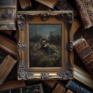 May include: A framed oil painting of a woman in a dark dress sitting in a field of flowers and reading a book. The painting is set against a backdrop of trees and a cloudy sky.