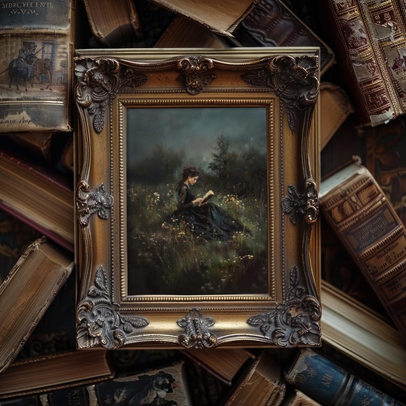 May include: A framed oil painting of a woman in a dark dress sitting in a field of flowers and reading a book. The painting is set against a backdrop of trees and a cloudy sky.