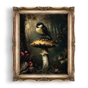 Kleiner Vogel sitzt auf einem botanischen Pilzdruck, Dark Cottagecore Dekor, Dark Moody Ölgemälde Wandkunst, Forestcore Dark Academia Druck
