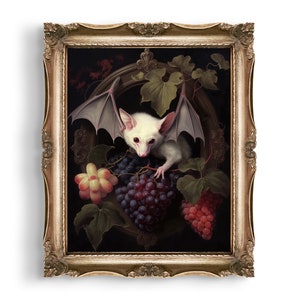 Albino Fruit Bat | Dark Cottagecore Decor | Gothic Decor | Wall Art | Floral Vintage Painting | Whimsigoth | Dark Academia Decor | Bat Print