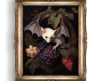 Albino Fruit Bat | Dark Cottagecore Decor | Gothic Decor | Wall Art | Floral Vintage Painting | Whimsigoth | Dark Academia Decor | Bat Print