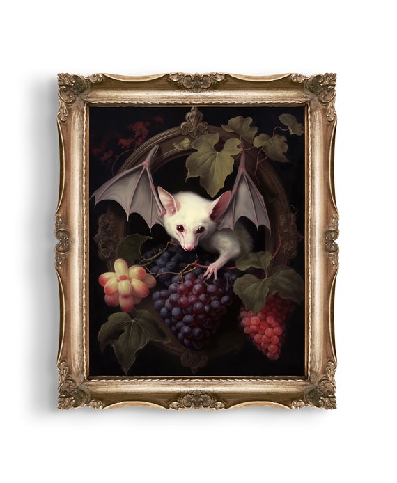 Albino Fruit Bat | Dark Cottagecore Decor | Gothic Decor | Wall Art | Floral Vintage Painting | Whimsigoth | Dark Academia Decor | Bat Print