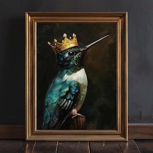Moody Emerald Green Hummingbird Oil Painting Print, Dark Academia Decor, Dark Moody Wall Art, Gift for Bird Lover, Bird with King Crown