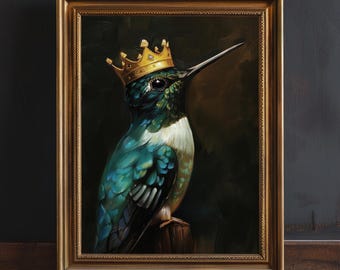 Moody Emerald Green Hummingbird Oil Painting Print, Dark Academia Decor, Dark Moody Wall Art, Gift for Bird Lover, Bird with King Crown