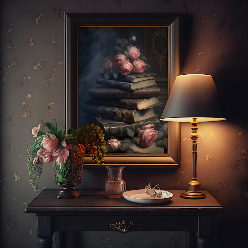 May include: A framed painting of a still life with pink roses and a stack of books. A table lamp with a dark gray shade is lit and sits on a dark wood table with a vase of pink flowers and a clear glass vase.