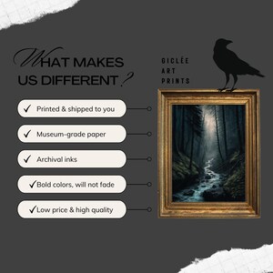 Op de afbeelding: Een checklist van wat gicl&eacute;e-kunstafdrukken anders maakt. De lijst bevat: Gedrukt en verzonden naar u, Museumkwaliteit papier, Archiefinkt, Felle kleuren, vervaagt niet, Lage prijs en hoge kwaliteit. De afbeelding toont ook een ingelijst gicl&eacute;e-kunstafdruk van een boslandschap met een beek.