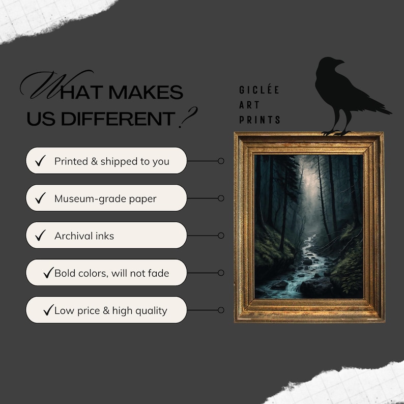 Op de afbeelding: Een checklist van wat gicl&eacute;e-kunstafdrukken anders maakt. De lijst bevat: Gedrukt en verzonden naar u, Museumkwaliteit papier, Archiefinkt, Felle kleuren, vervaagt niet, Lage prijs en hoge kwaliteit. De afbeelding toont ook een ingelijst gicl&eacute;e-kunstafdruk van een boslandschap met een beek.