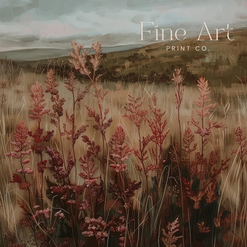 May include: An artistic landscape print featuring tall, reddish-brown plants in a field of dry grass. The background shows rolling hills under a cloudy sky. The text "Fine Art Print Co." is displayed at the top.