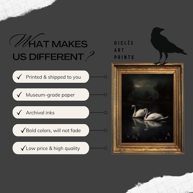 May include: A graphic with the text "What makes us different?" and a list of five reasons why, including "Printed & shipped to you", "Museum-grade paper", "Archival inks", "Bold colors, will not fade", and "Low price & high quality". The graphic also features a framed print of two white swans on a lake at night, with the text "Gicl&eacute;e Art Prints" above the print.