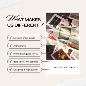 May include: A collection of Gicl&eacute;e art prints featuring various designs, including a bird, a tree, and a woman in a field. The prints are displayed on a wooden surface. The text "Gicl&eacute;e Art Prints" is visible at the bottom of the image.