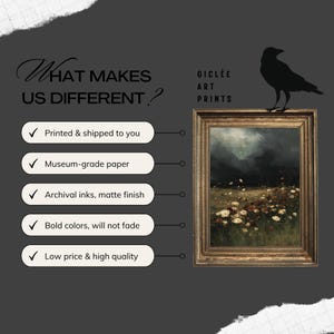 May include: A framed gicl&eacute;e art print featuring a landscape painting with a dark sky and a field of white and yellow flowers. The frame is gold-toned. Text includes "What Makes Us Different?" and "Gicl&eacute;e Art Prints."