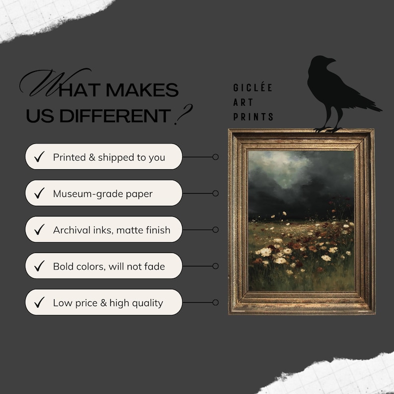 May include: A framed gicl&eacute;e art print featuring a landscape painting with a dark sky and a field of white and yellow flowers. The frame is gold-toned. Text includes "What Makes Us Different?" and "Gicl&eacute;e Art Prints."