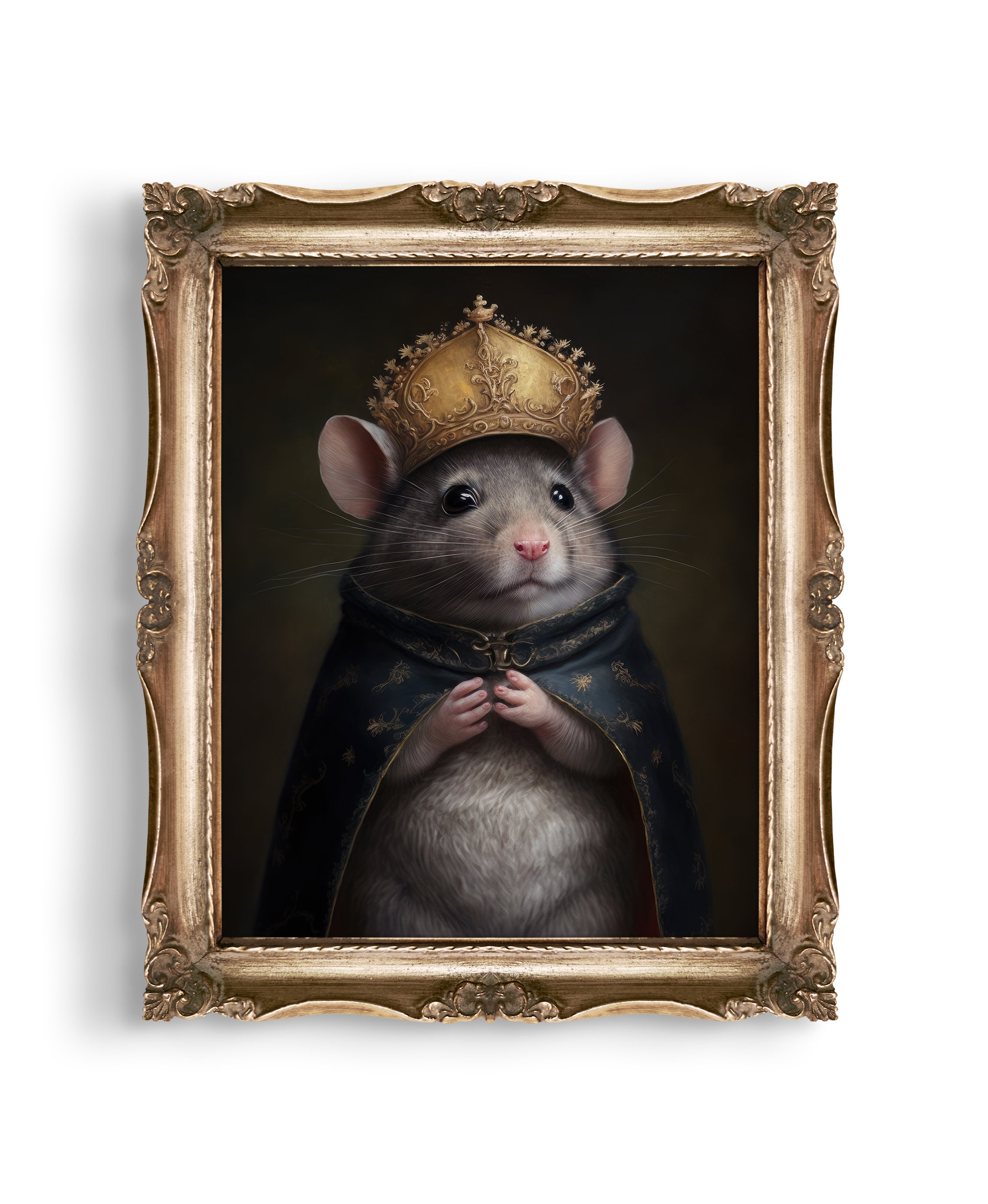 Painting of a rat king wearing a crown and robes