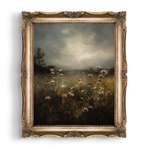 Dark Moody Flower Field Print | Rustic Cottagecore Decor | Vintage Oil Painting | Wall Art | Dark Academia Decor | Rustic Home Decor