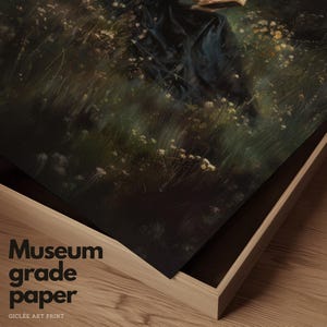 May include: A close-up of a dark green and brown painting of a woman in a black dress standing in a field of wildflowers. The painting is framed and the text "Museum grade paper" is visible in the lower left corner.